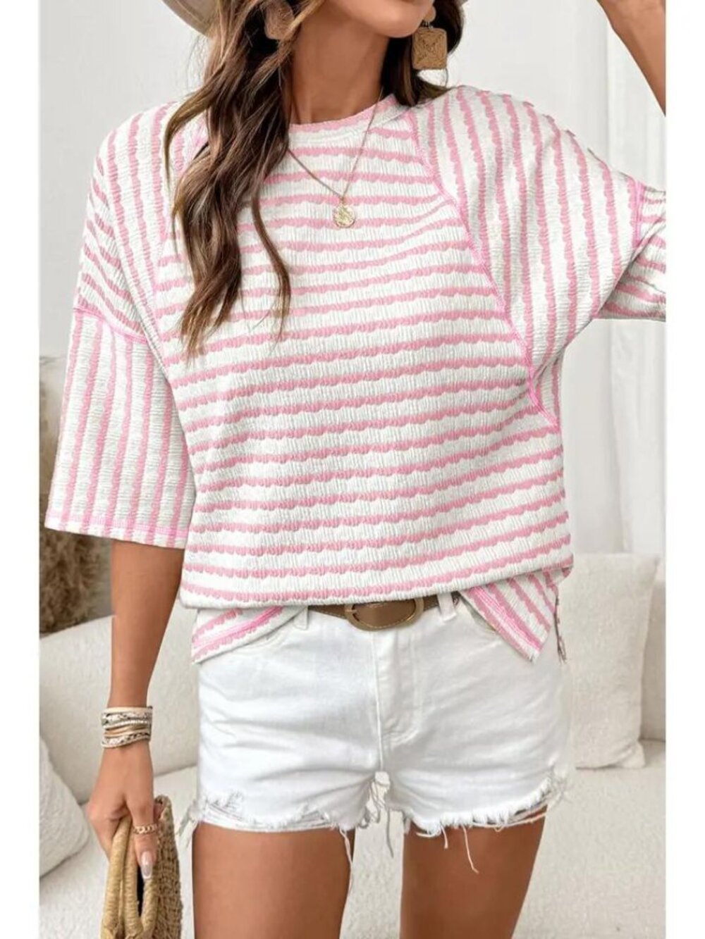 Womens Striped textured knit half sleeve top -  pink and white